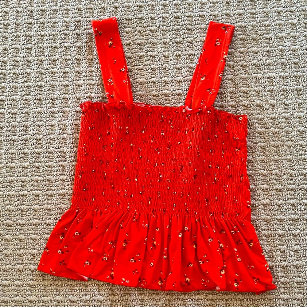 UO Demi Smocked Red Floral Tank Top Size S